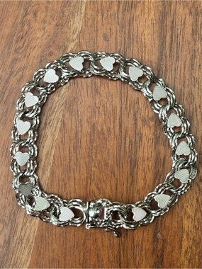 Vintage Sterling Silver Heart Link Bracelet 7” Chunky Romantic Chain